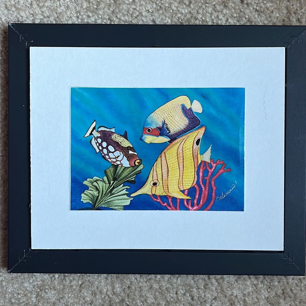 Pair of colorful Artist’s prints of tropical fish, 12” x 10”, in black frames